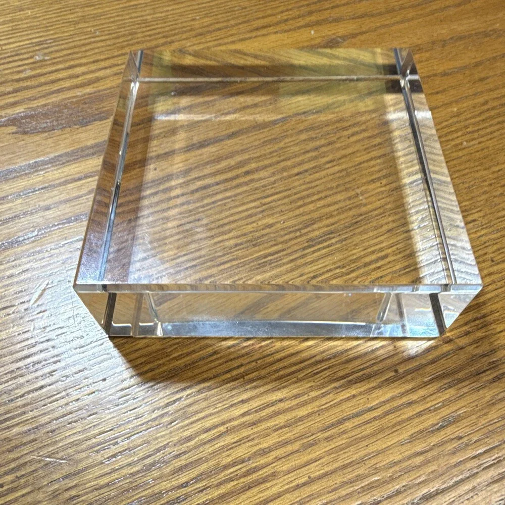 Sweden Clear Glass Orb Paperweight Spiral Design Square Base